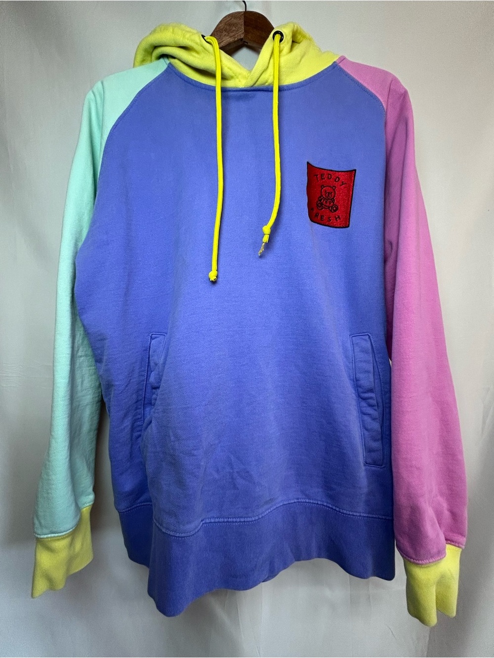 Teddy Fresh Lavender, Mint & Pink Colorblock Crewneck with Yellow Hood